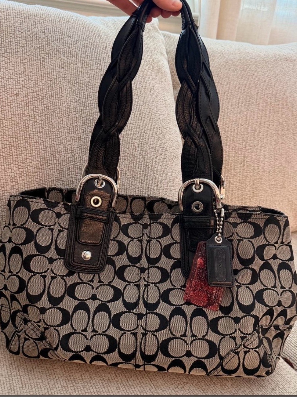 Coach Black and Gray Signature Jacquard Shoulder Bag with Braided Handles